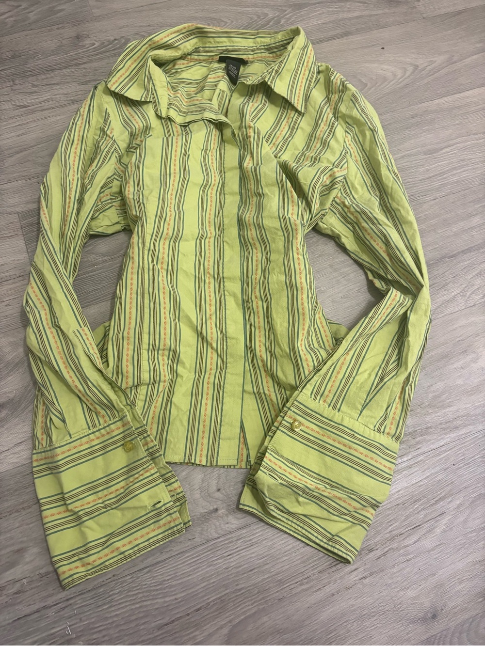 Lane Bryant Lime Green Striped Button-Down Shirt